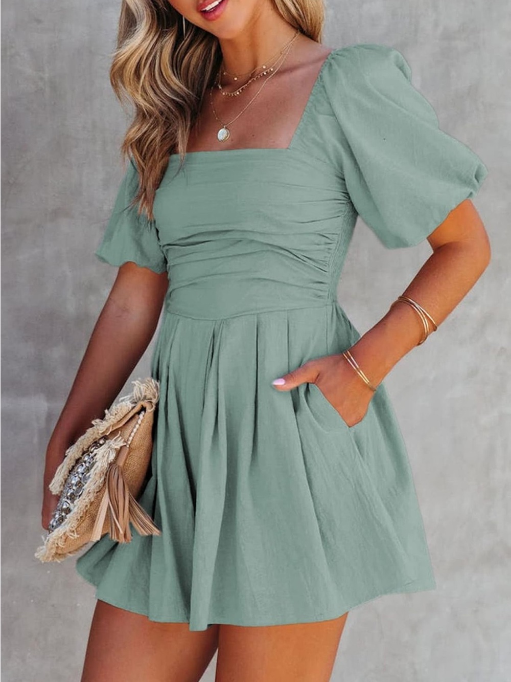 Square Neck Sage Green Mini Romper with Puff Sleeves